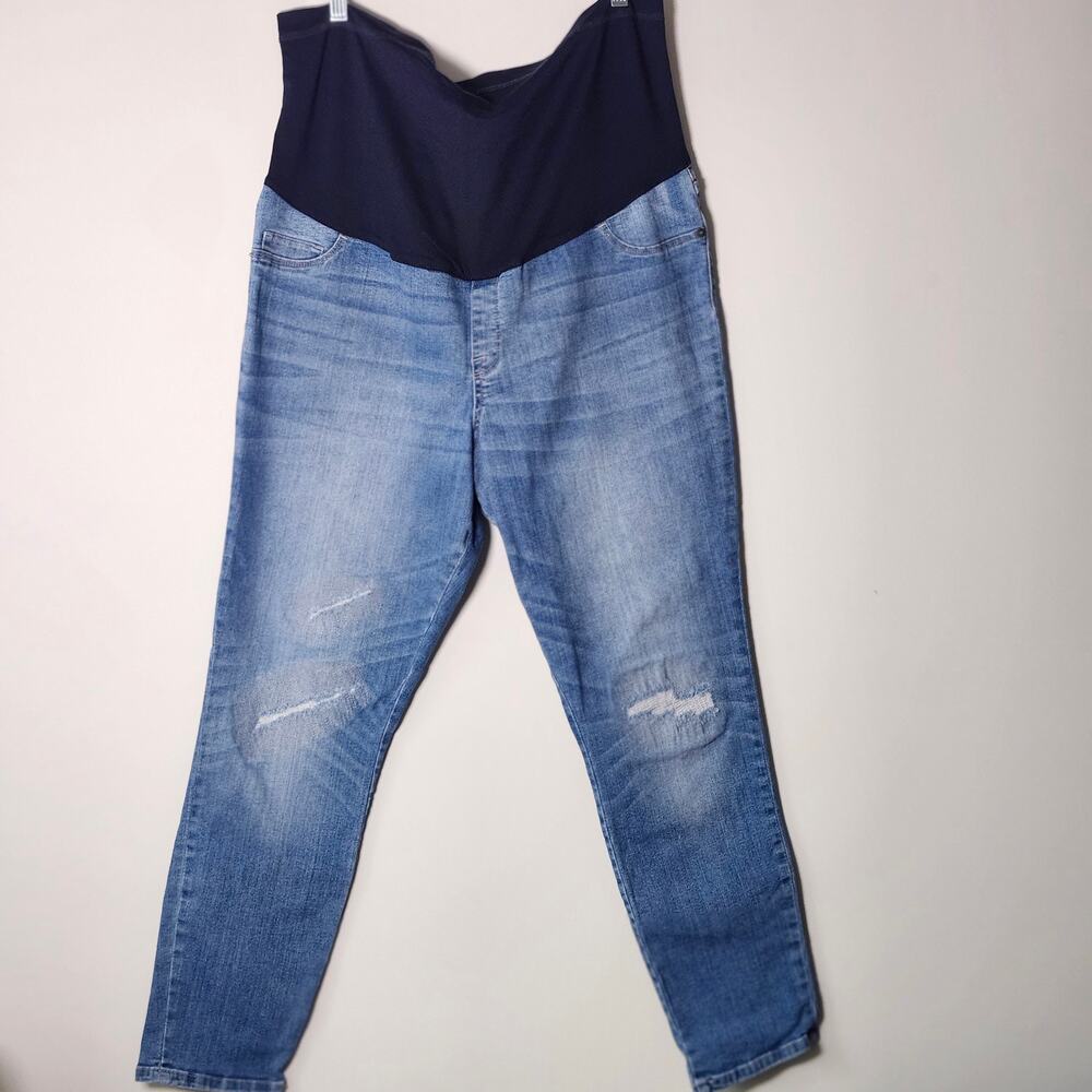 Liz Lange Maternity Denim Jeggings 2XL Pull On Blue Distressed Jeans A0085